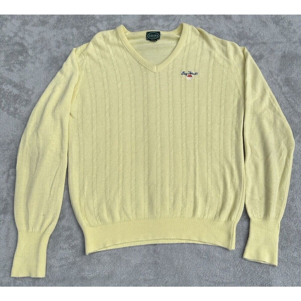 Vintage Izod Sweater Mens Large Yellow V-Neck Pullover Orlon Knit Bay Point Golf